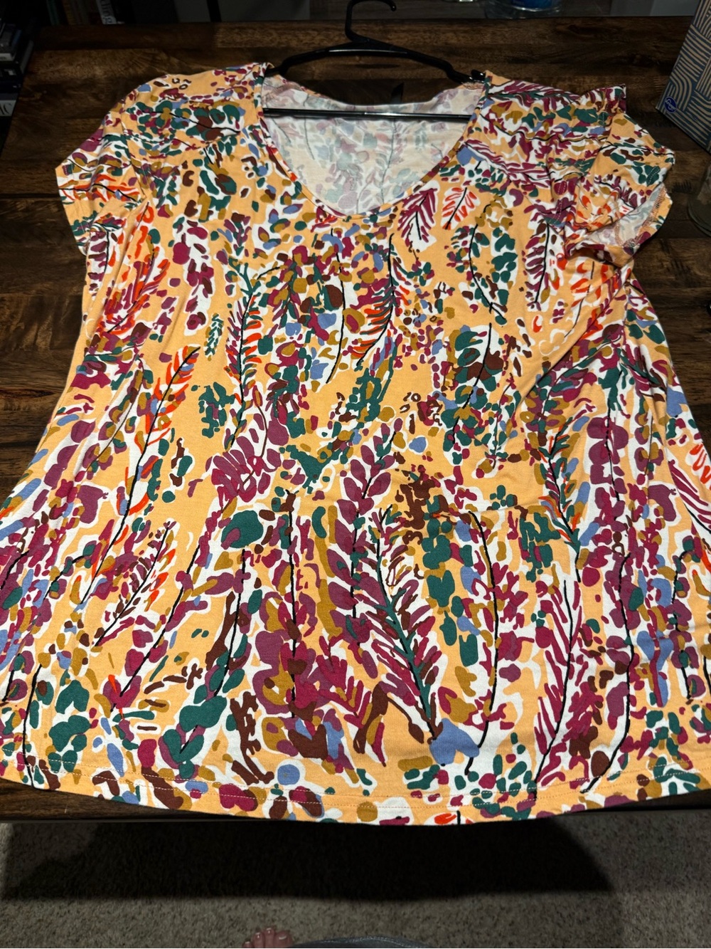 Women's Floral V-Neck Top in Mustard with Pink & Teal Accents